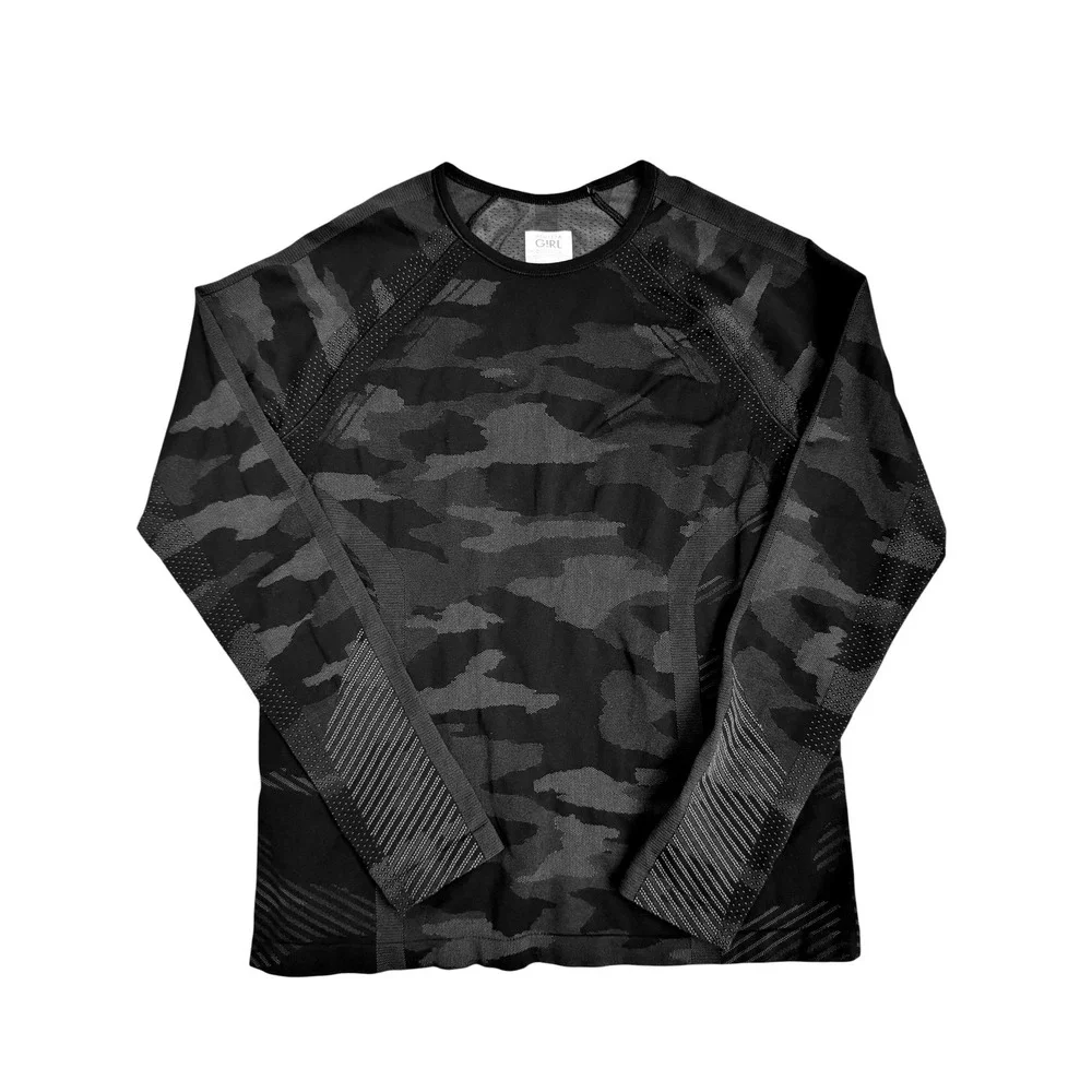 Athleta Girl Camo Seamless Long Sleeve Top Black Grey Girls XL 14 Thumbholes
